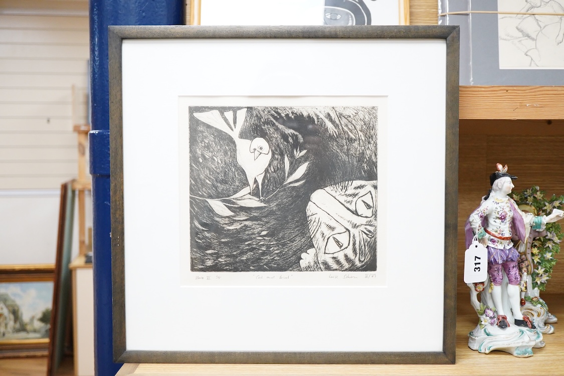Luise Schorn, 'The cat and bird', signed in pencil, dated '89, limited edition 1/5, state VI, drypoint etching, 24 x 25cm